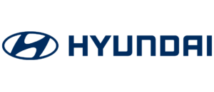 Blå Hyundai logo med emblem foran. Horisontal