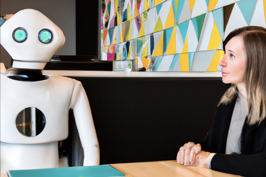 A photo of a nordic-looking woman, mid thirty, listening interested to a human-like and friendly robot, sitting by a meeting room table in a modern office with nordic colours discussing and taking notes. Nikon D810 | ISO 64 | focal length 20 mm