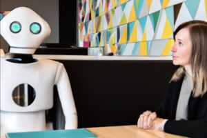 A photo of a nordic-looking woman, mid thirty, listening interested to a human-like and friendly robot, sitting by a meeting room table in a modern office with nordic colours discussing and taking notes. Nikon D810 | ISO 64 | focal length 20 mm