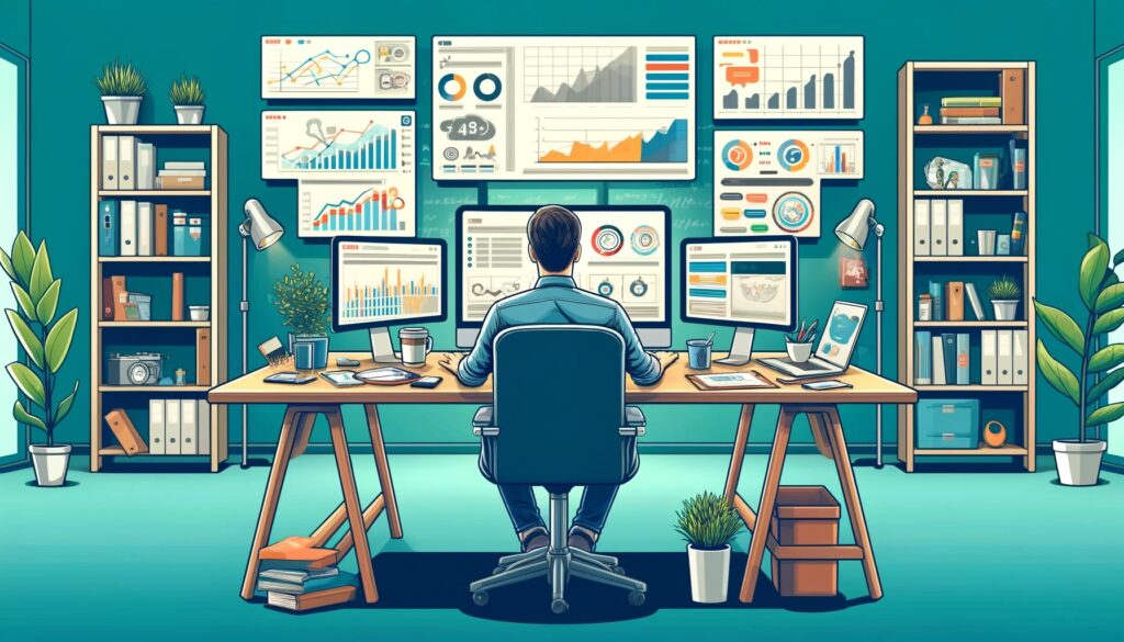 Illustrasjon av en digital markedsfører som jobber foran en rekke skjermer som viser grafer og kart
