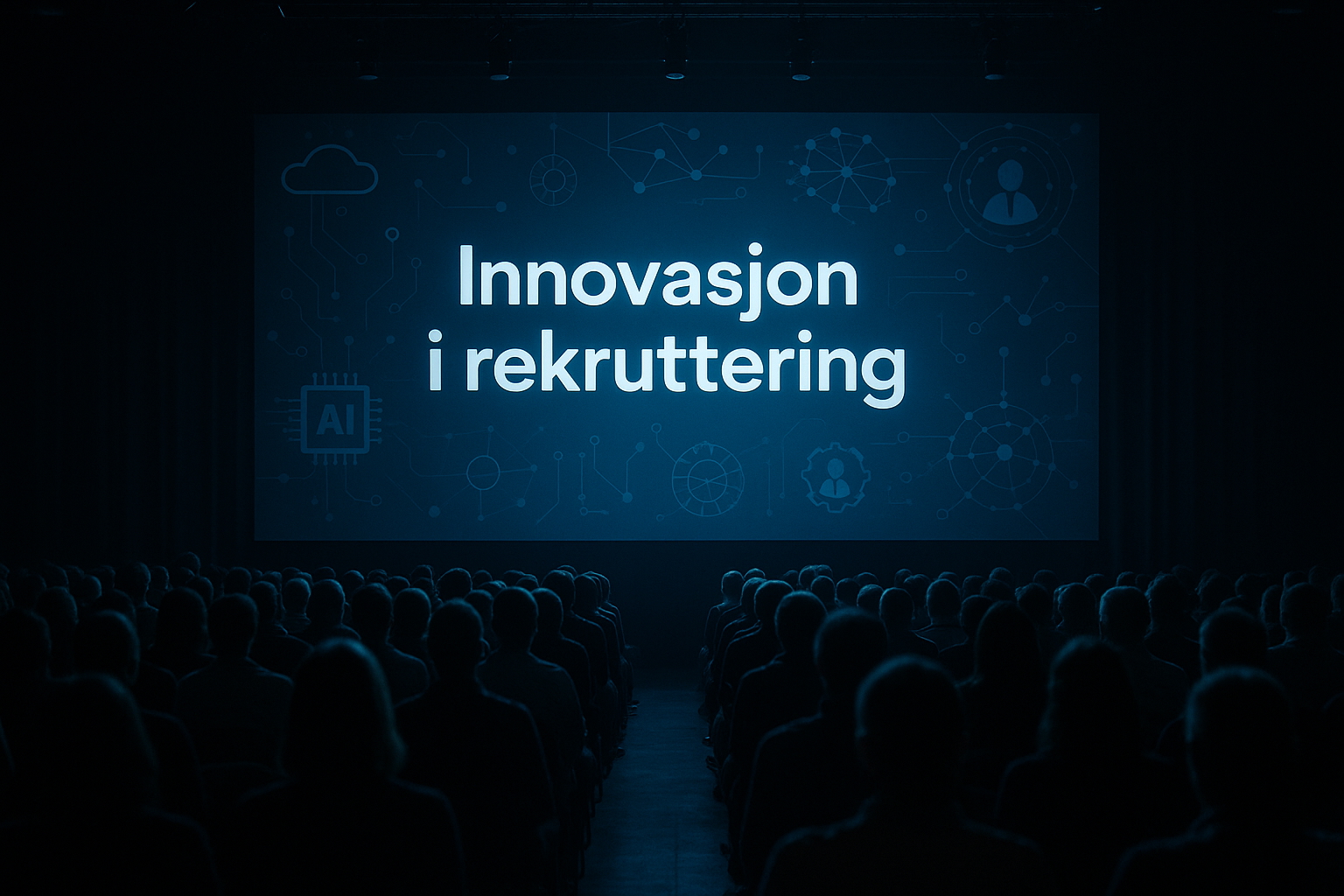 Et stort publikum på en konferanse om innovasjon i rekruttering. Bildet er en AI-illustrasjon