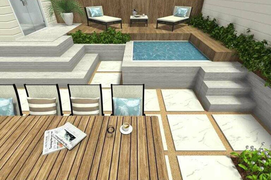En 3D visualisering av et uteområde med spisebord av tre, hvite heller på bakken og et basseng med solstoler ved