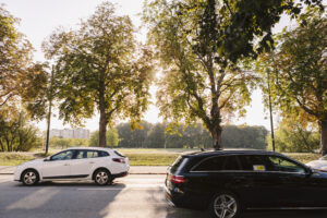 Bilde av to biler som kjører på en vei med sol og trær i bakgrunnen
