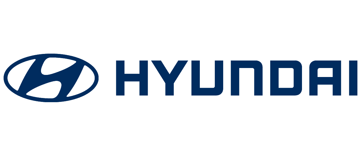 Blå Hyundai logo med emblem foran. Horisontal