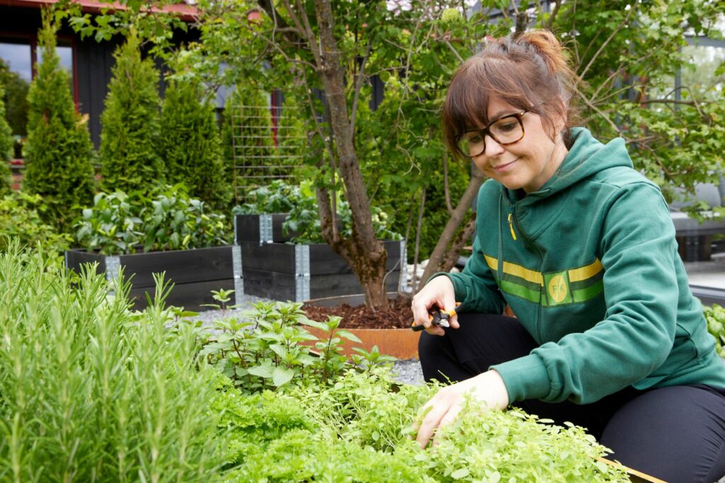 En dame med brunt hår og grønn felleskjøpet genser er ute i hagen og planter