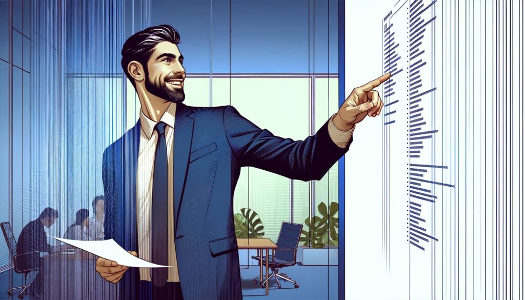 En mann som går gjennom punkter på en liste i et moderne møterom