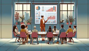 En illustrasjon av en CMO markedsdirektør eller markedssjef som som peker på data og statistikk på en skjerm i et møterom med mange deltakere